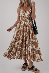 Khaki Floral Shirred High Waist Spaghetti Straps Maxi Dress Floral Dresses JT's Designer Fashion