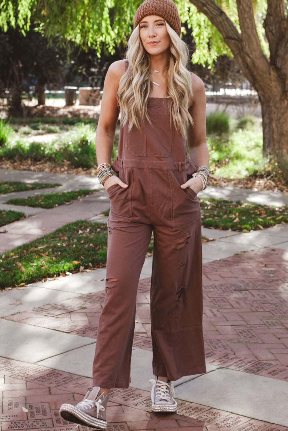 Coffee Ripped Pocketed Wide Leg High Waist Overall Pre Order Bottoms JT's Designer Fashion