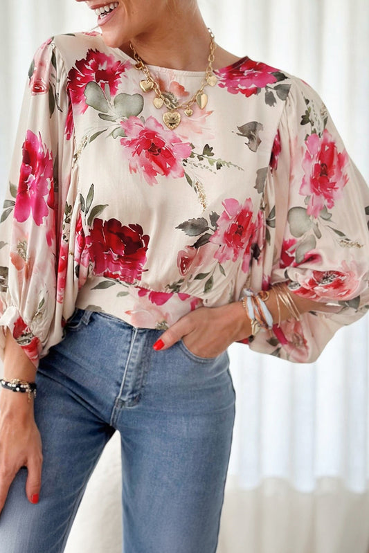 Rose Floral 3/4 Sleeve Lace-up Back Blouse Blouses & Shirts JT's Designer Fashion