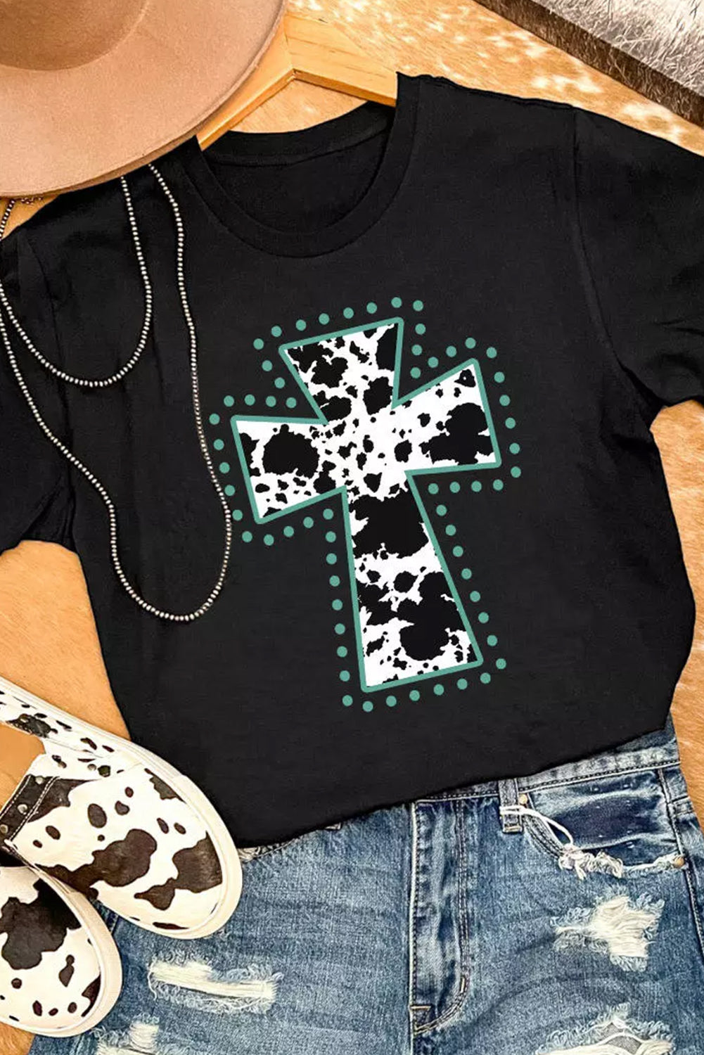 Black Animal Print Cross Graphic Tee Graphic Tees JT's Designer Fashion