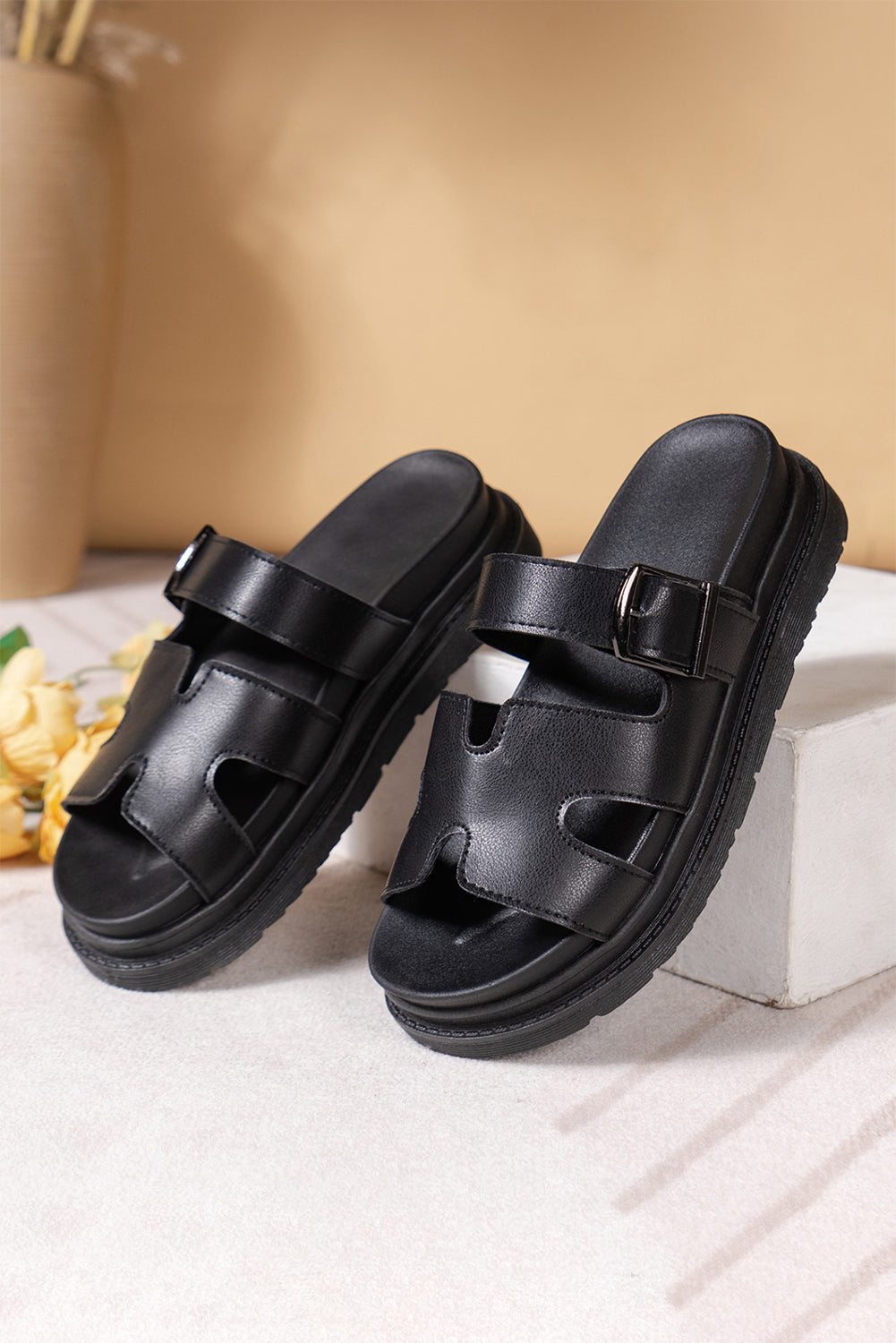 Black Hollow Out Buckle Strap Beach Slippers Slippers JT's Designer Fashion