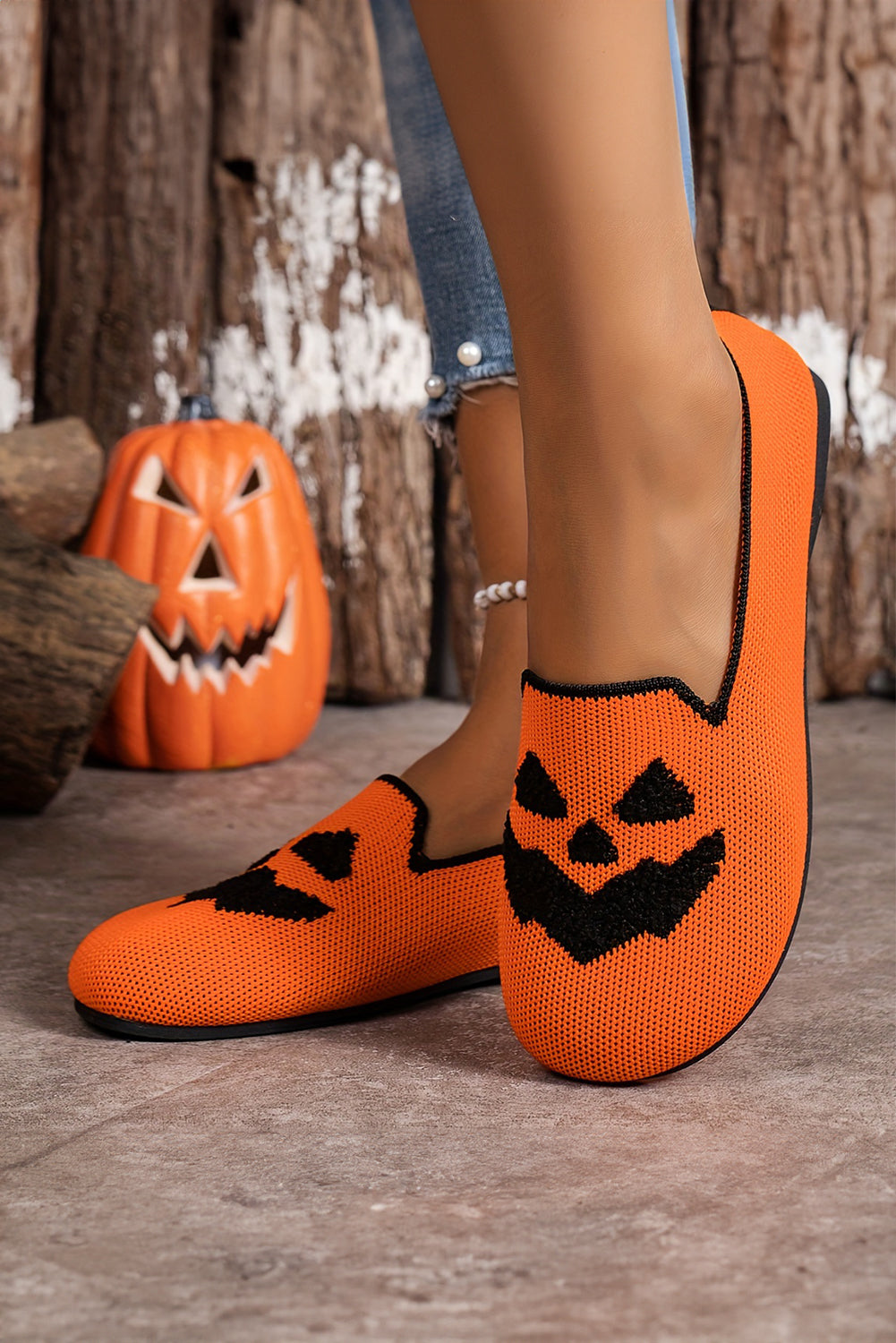 Orange Halloween Pumpkin Face Slip On Flats Women's Shoes JT's Designer Fashion