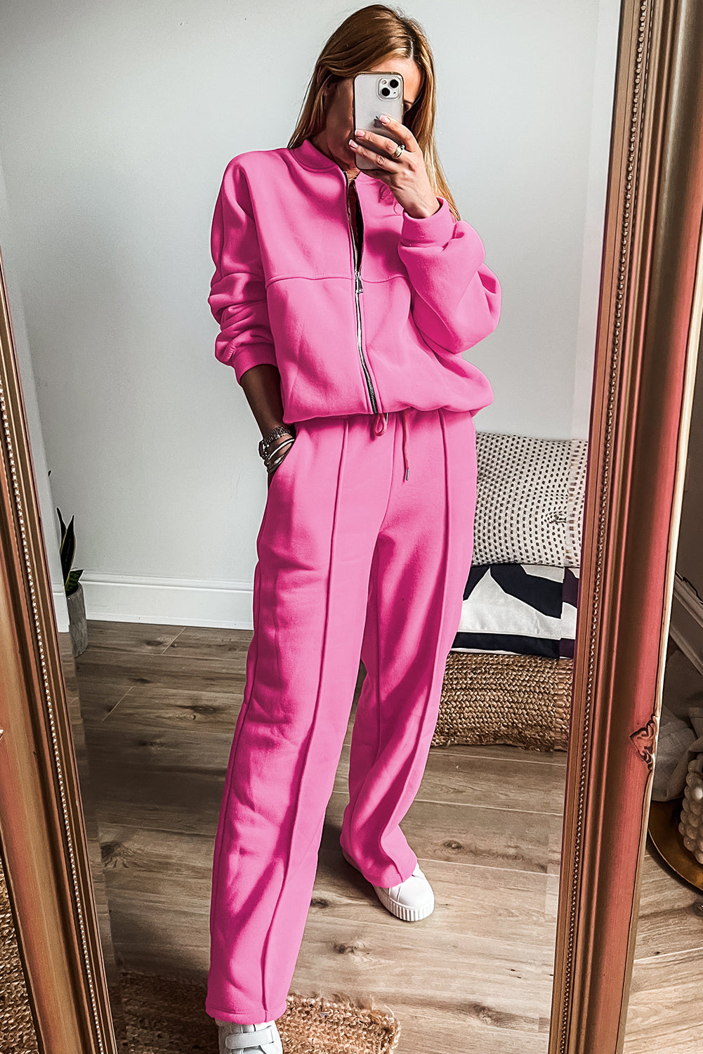 Bright Pink Solid Seamed Zipper Jacket and Drawstring Waist Pants Set Pant Sets JT's Designer Fashion