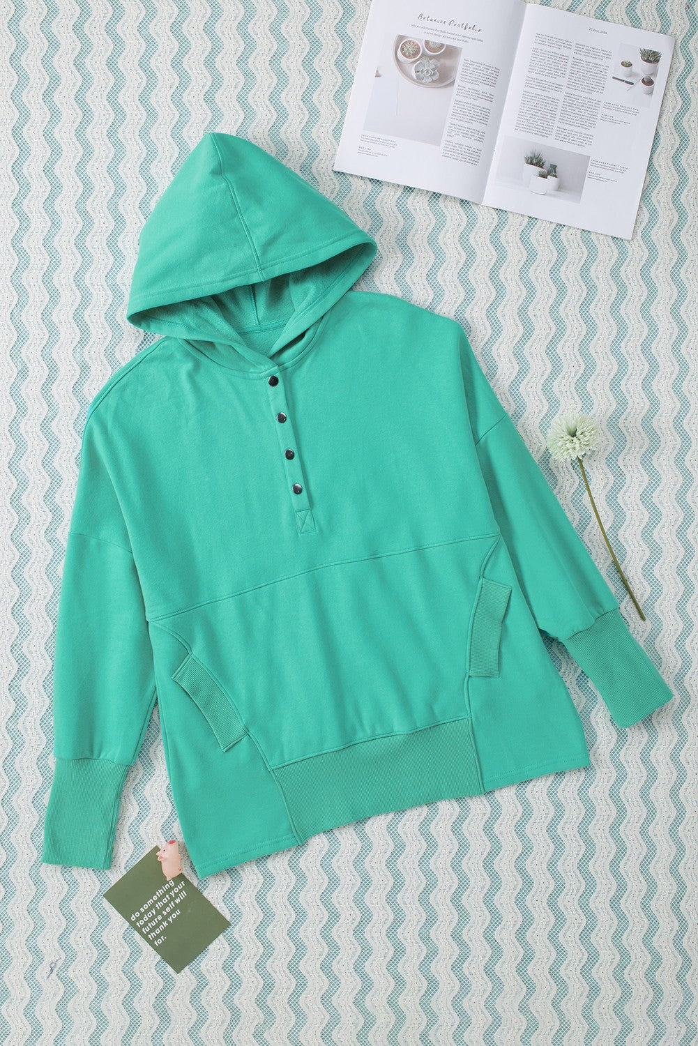 Turquoise Batwing Sleeve Pocketed Henley Hoodie Sweatshirts & Hoodies JT's Designer Fashion