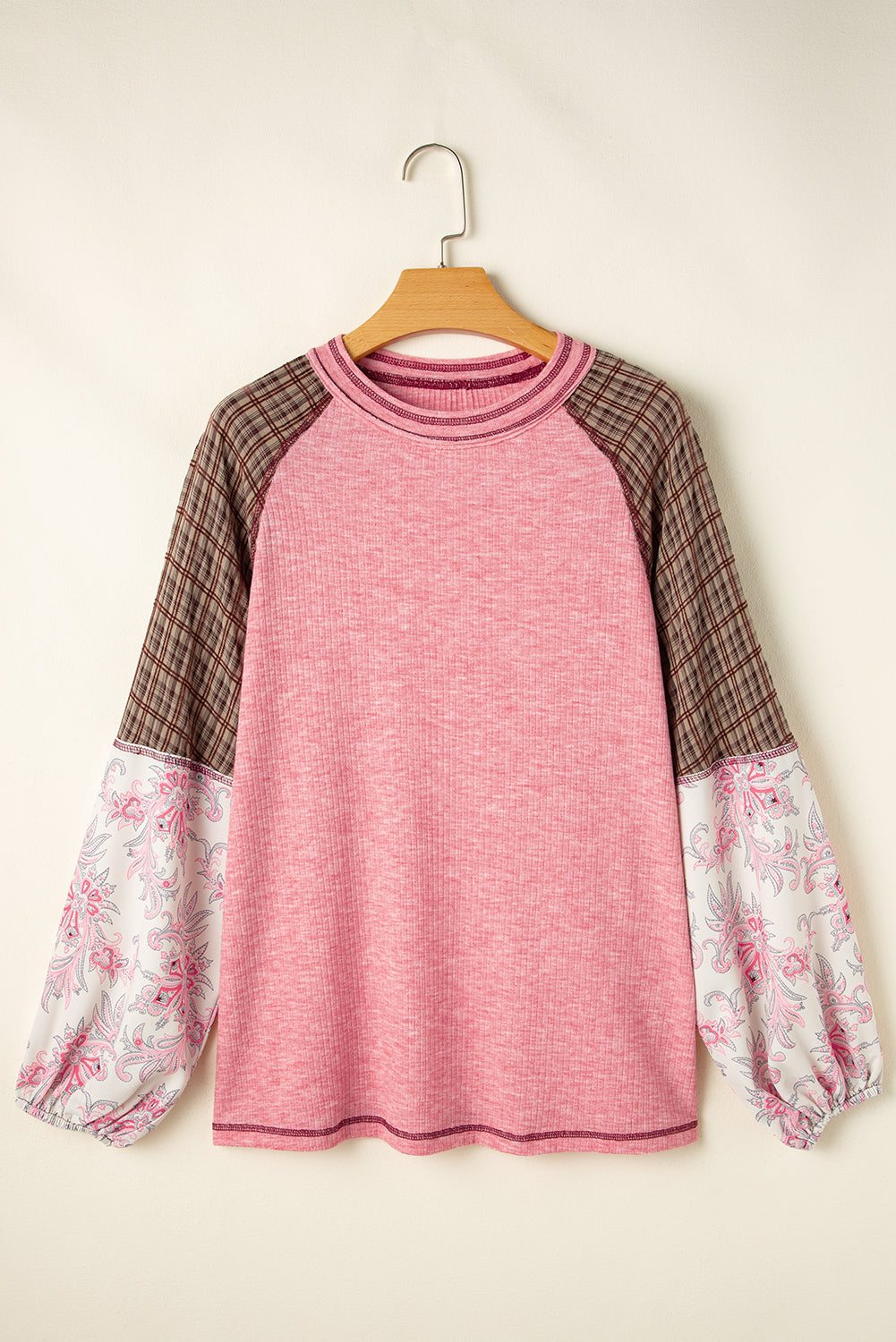 Fushia Mixed Print Patchwork Raglan Ribbed Knit Top Long Sleeve Tops JT's Designer Fashion