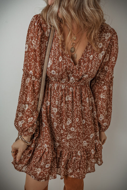 Brown Boho Floral Ruffled Puff Sleeve V Neck Mini Dress Floral Dresses JT's Designer Fashion