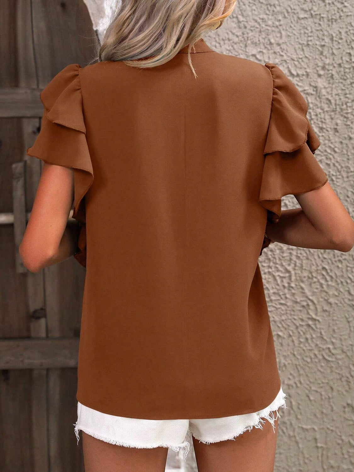 Ruffled Notched Short Sleeve Blouse Blouses & Shirts JT's Designer Fashion