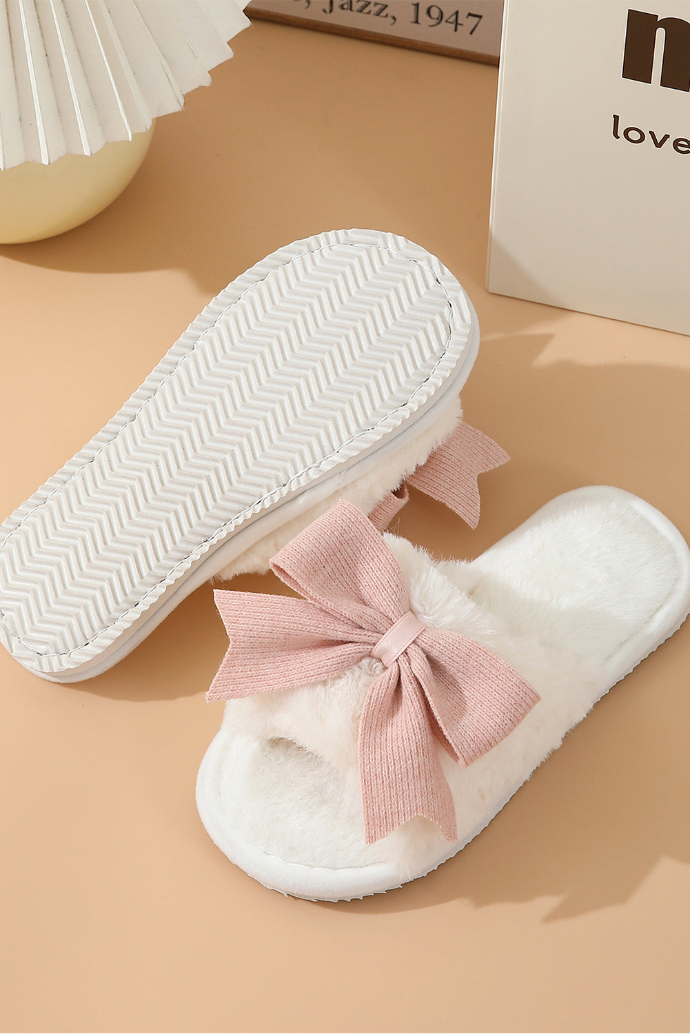 White Bow Knot Decor Open Toe Plush Slippers Slippers JT's Designer Fashion