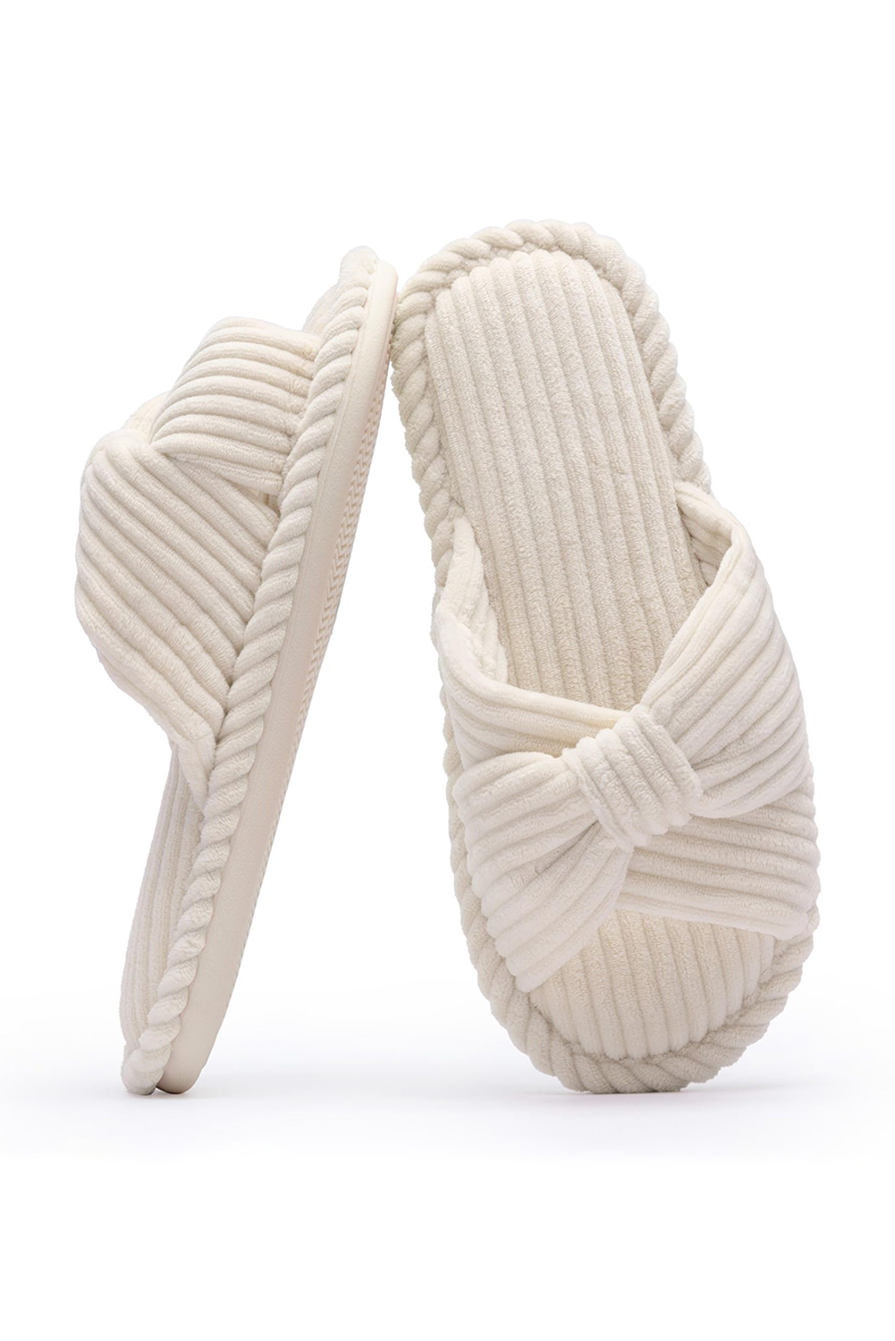 Beige Ribbed Texture Bowknot Winter Slippers Slippers JT's Designer Fashion