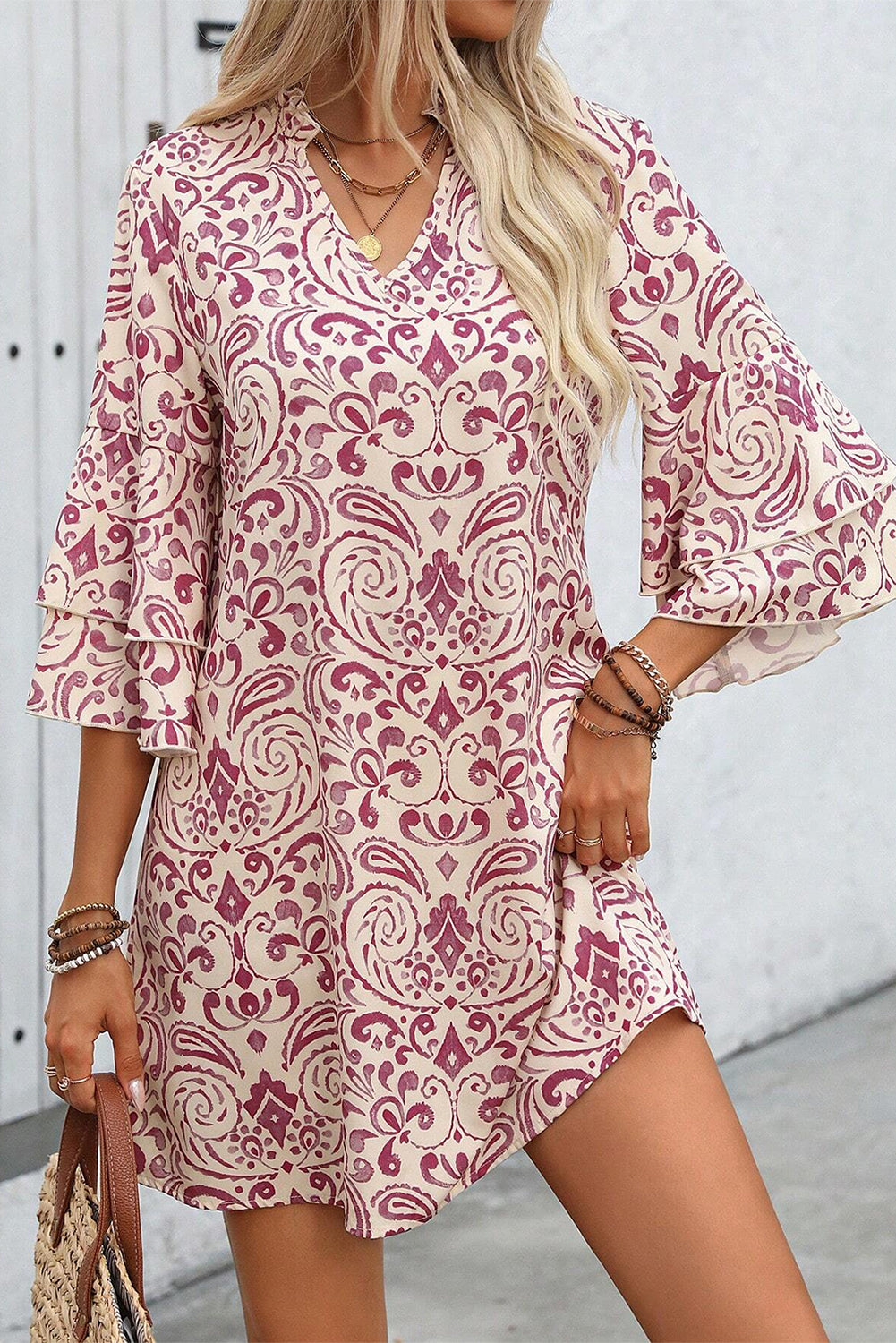 Pink Paisley Print Tiered 3/4 Sleeve Notched Neck Mini Dress Mini Dresses JT's Designer Fashion