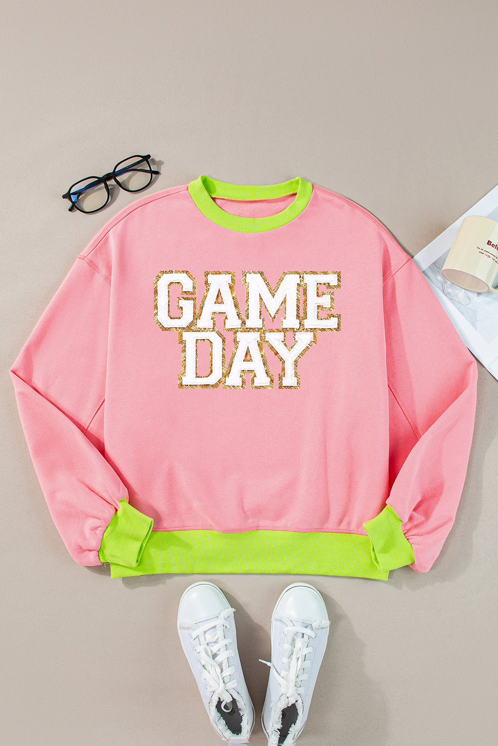 Pink GAME DAY Glitter Color Block Crew Neck Sweatshirt Graphic Sweatshirts JT's Designer Fashion