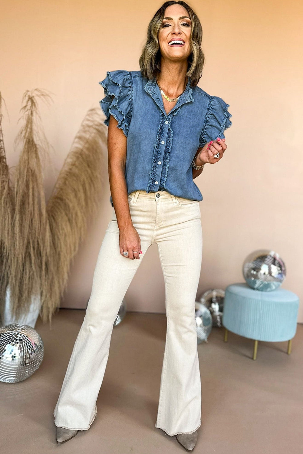 Ashleigh Blue Button Front Ruffled Flutter Frayed Denim Top Tops & Tees JT's Designer Fashion