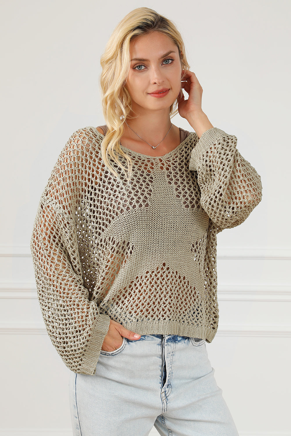 Light French Beige Star Pointelle Knit Baggy Sweater Sweaters & Cardigans JT's Designer Fashion