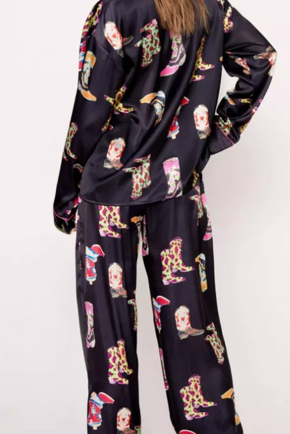 Black Western Cowgirl Boots Printed Satin Long Pajama Set Bottoms JT's Designer Fashion