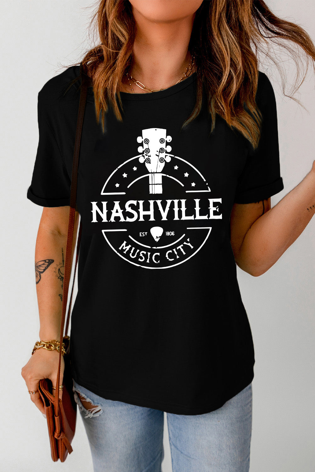 Black NASHVILLE MUSIC CITY Graphic Print Crew Neck T Shirt Graphic Tees JT's Designer Fashion