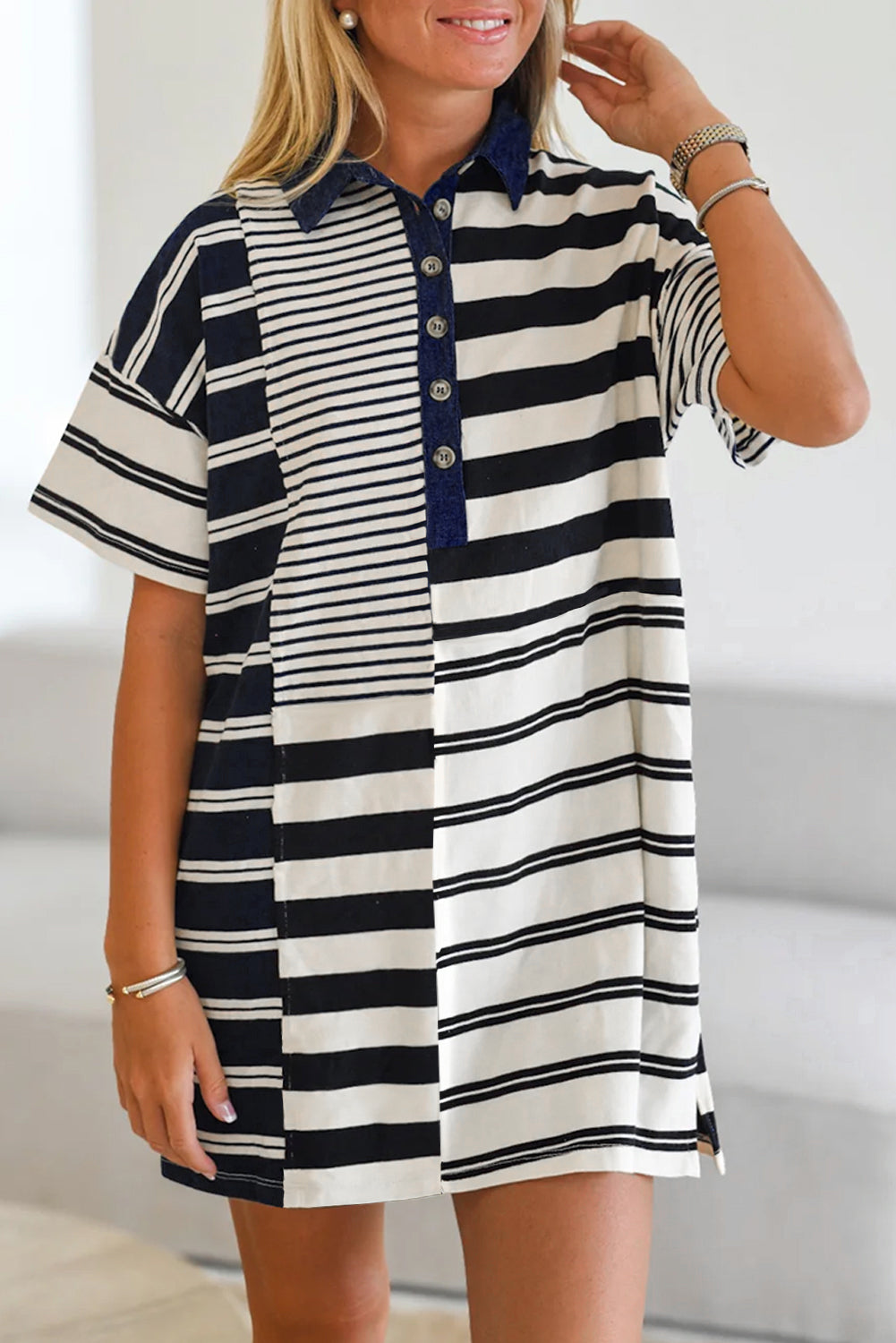 Black Stripe Half Placket Polo T Shirt Dress T Shirt Dresses JT's Designer Fashion