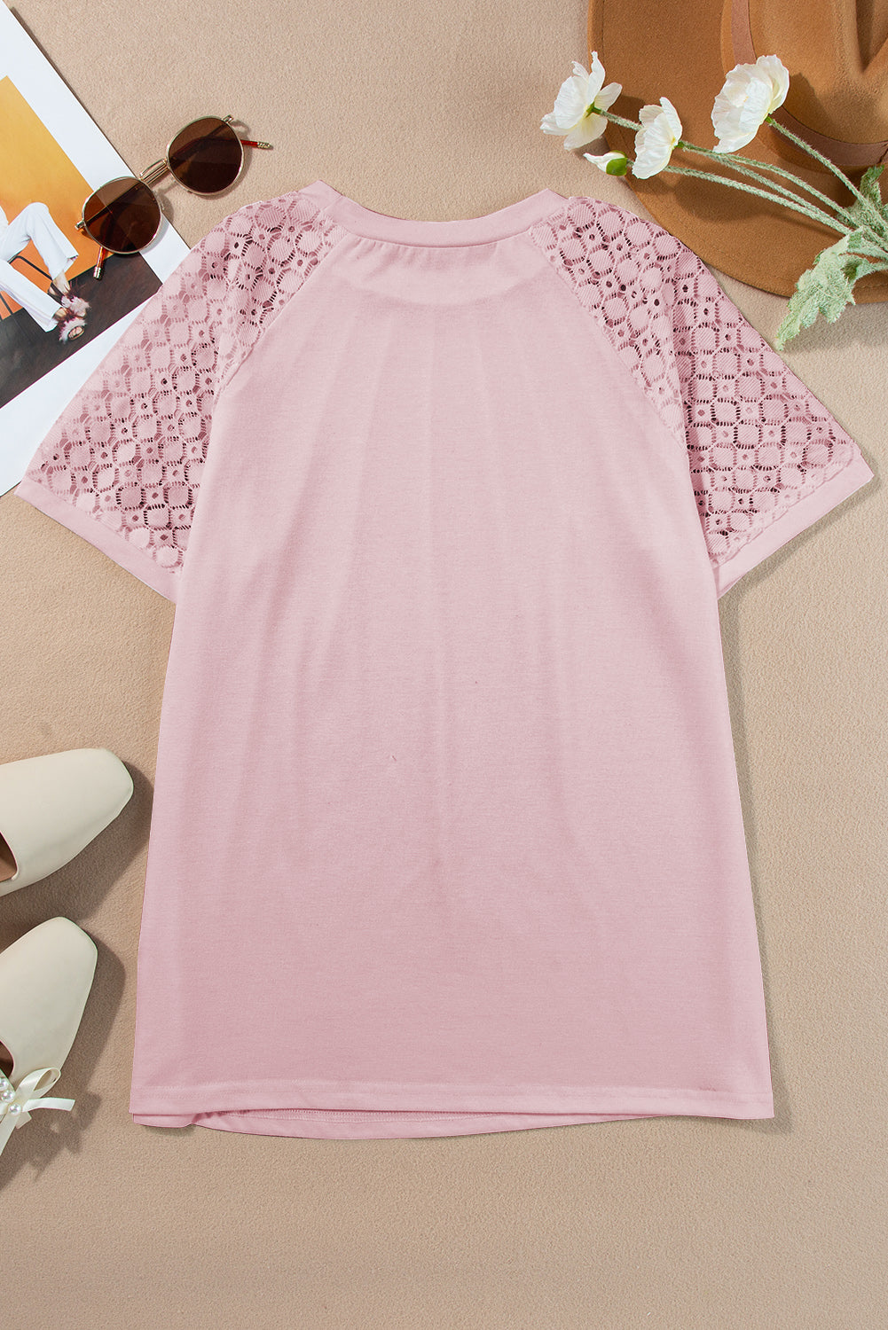 Pink Seamed Detail Contrast Lace Raglan Sleeve Tee Tops & Tees JT's Designer Fashion