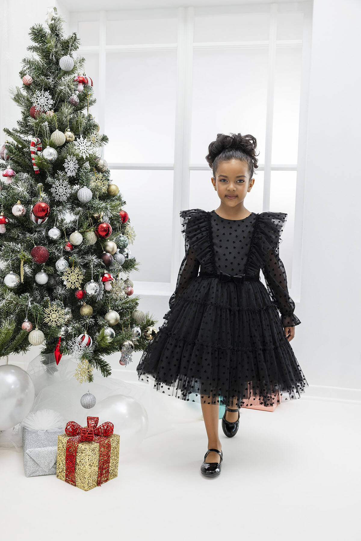 Girls Black Heart Long Sleeve Christmas Ruffled Tulle Dress Girls Dresses JT's Designer Fashion