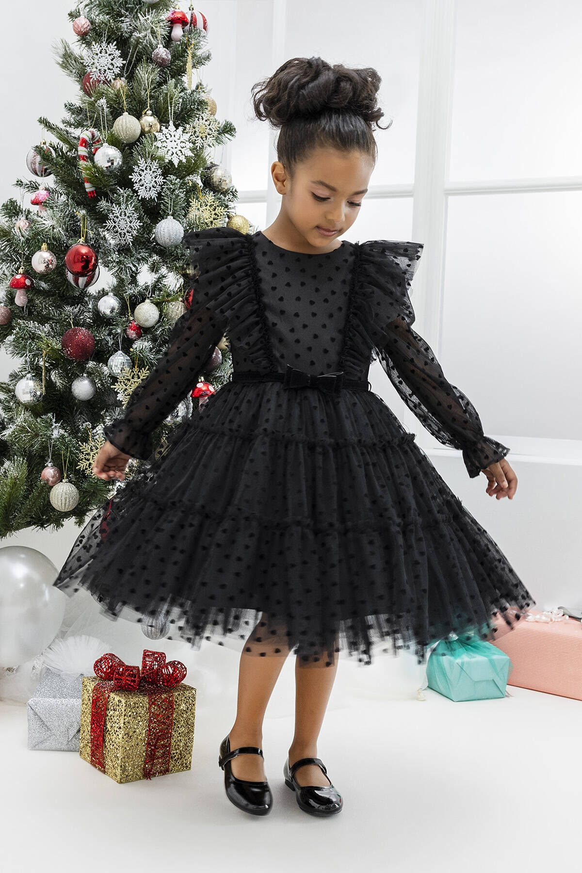 Girls Black Heart Long Sleeve Christmas Ruffled Tulle Dress Girls Dresses JT's Designer Fashion