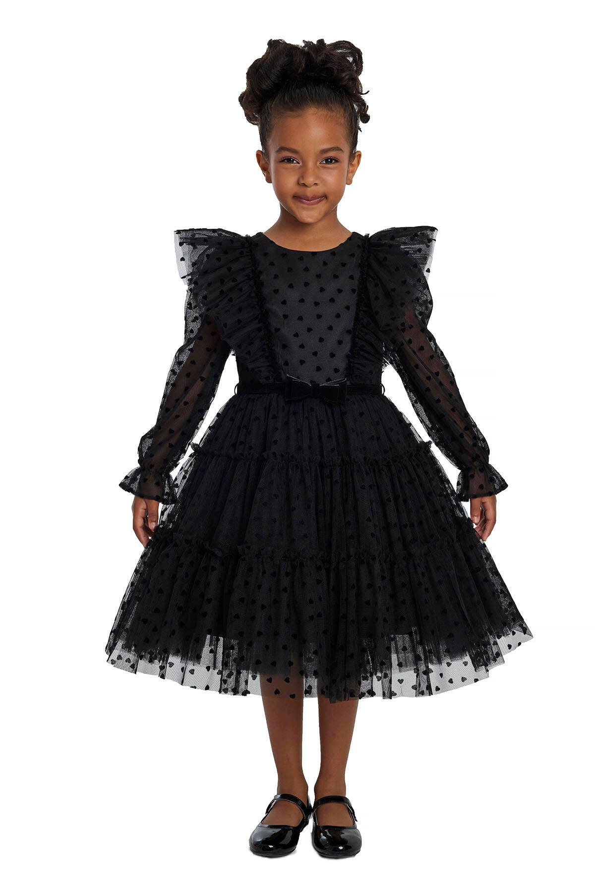 Girls Black Heart Long Sleeve Christmas Ruffled Tulle Dress Girls Dresses JT's Designer Fashion