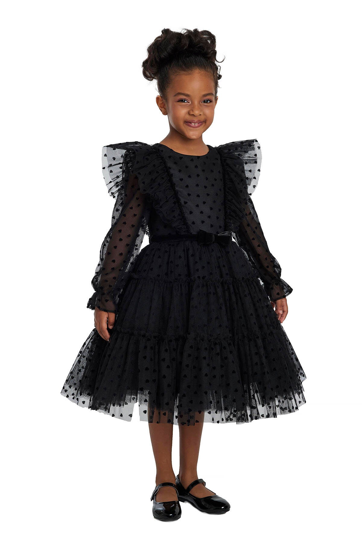 Girls Black Heart Long Sleeve Christmas Ruffled Tulle Dress Girls Dresses JT's Designer Fashion