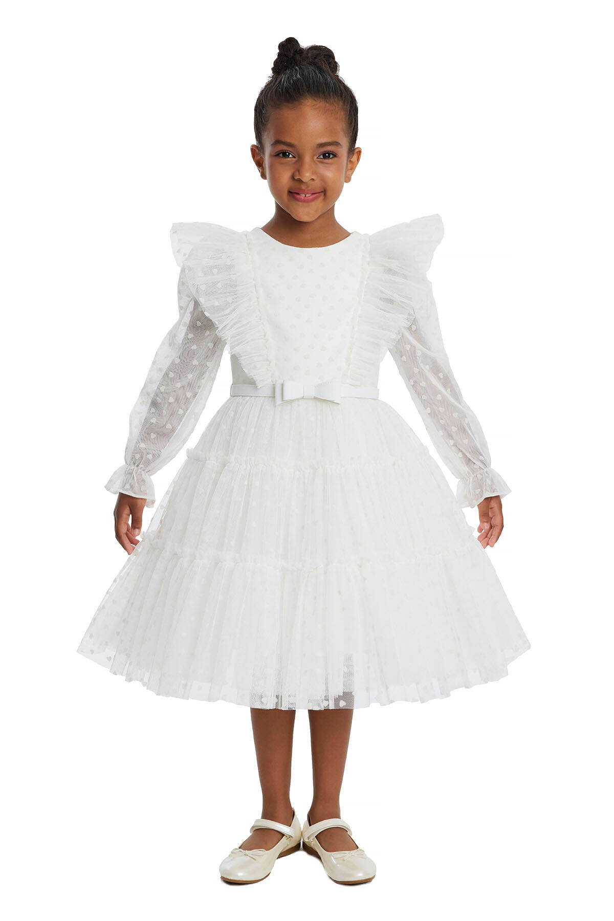 Girls White Heart Long Sleeve Christmas Ruffled Tulle Dress Girls Dresses JT's Designer Fashion