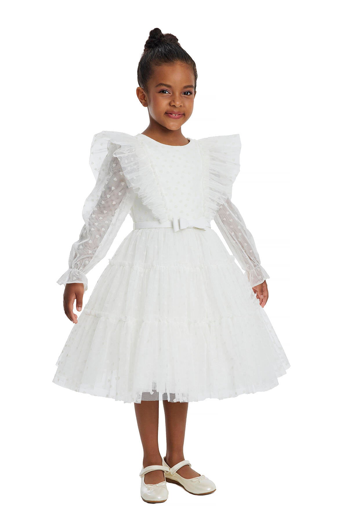 Girls White Heart Long Sleeve Christmas Ruffled Tulle Dress Girls Dresses JT's Designer Fashion