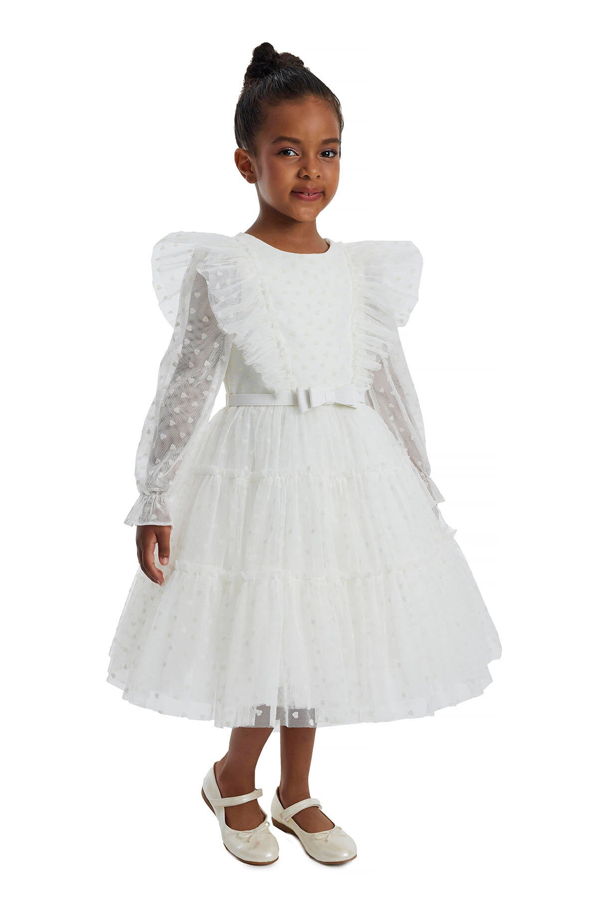 Girls White Heart Long Sleeve Christmas Ruffled Tulle Dress Girls Dresses JT's Designer Fashion