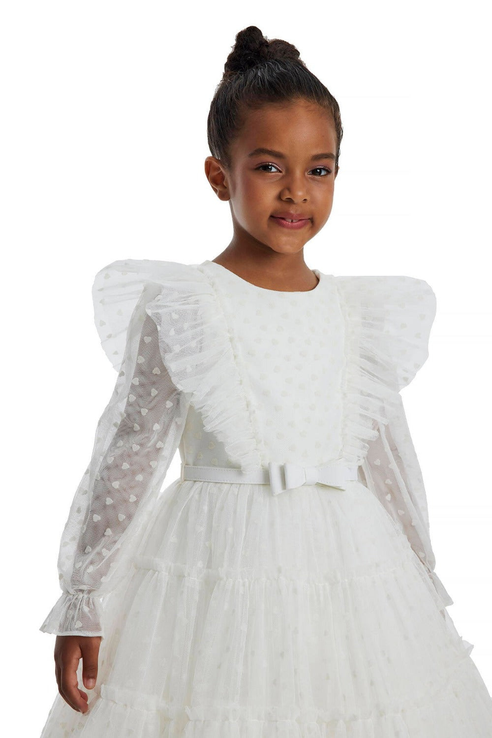 Girls White Heart Long Sleeve Christmas Ruffled Tulle Dress Girls Dresses JT's Designer Fashion