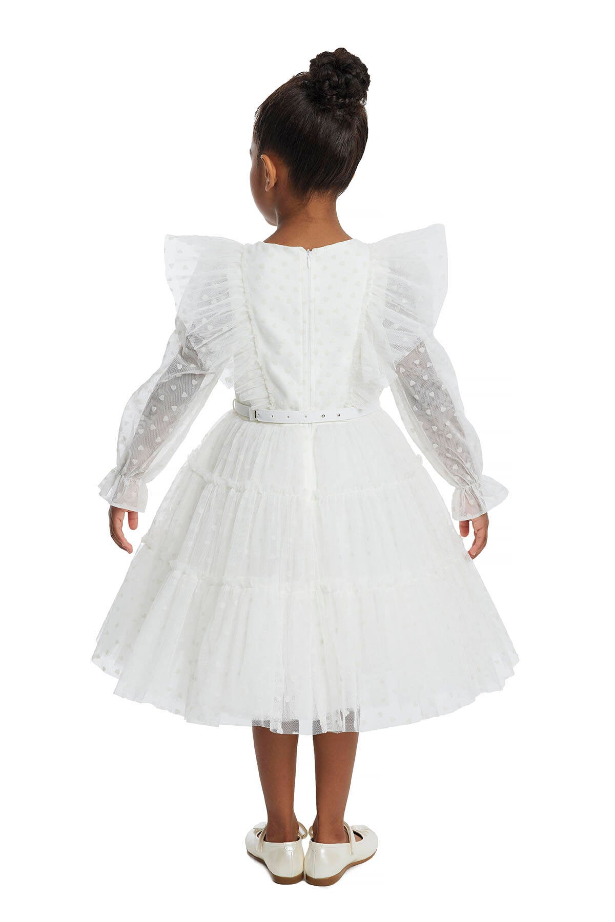 Girls White Heart Long Sleeve Christmas Ruffled Tulle Dress Girls Dresses JT's Designer Fashion