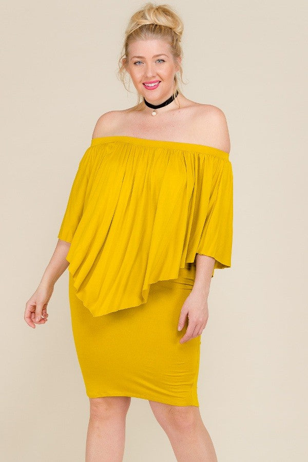 Ladies Plus Size Off Shoulder Handkerchief Mini Dress Yellow Plus Size Dresses JT's Designer Fashion