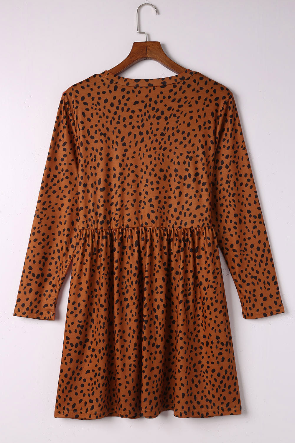 Brown Leopard Long Sleeve Babydoll Dress Mini Dresses JT's Designer Fashion