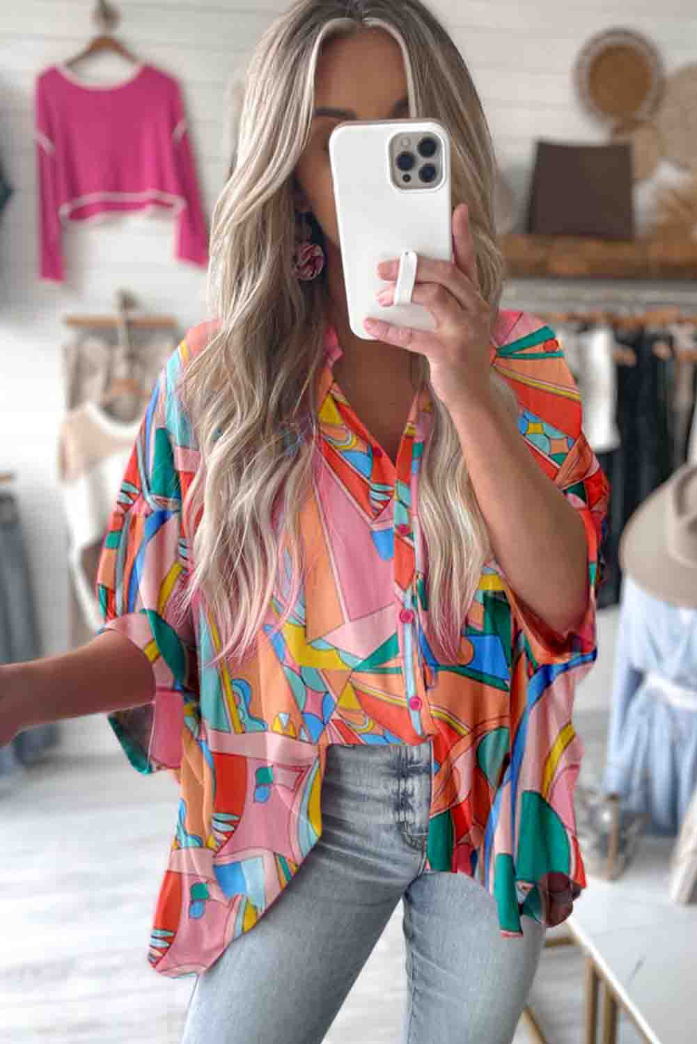 Multicolor Abstract Geometry Print Half Puff Sleeve Loose Shirt Tops & Tees JT's Designer Fashion