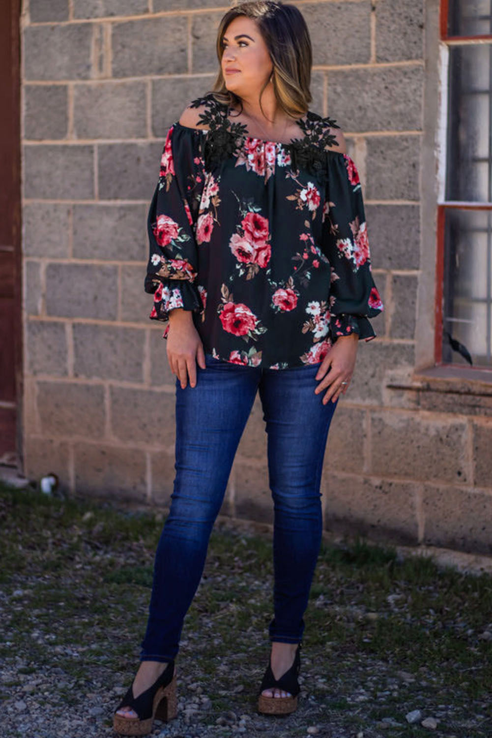 Navy Blue Plus Size Crochet Detail Cold shoulder Floral Blouse Plus Size JT's Designer Fashion