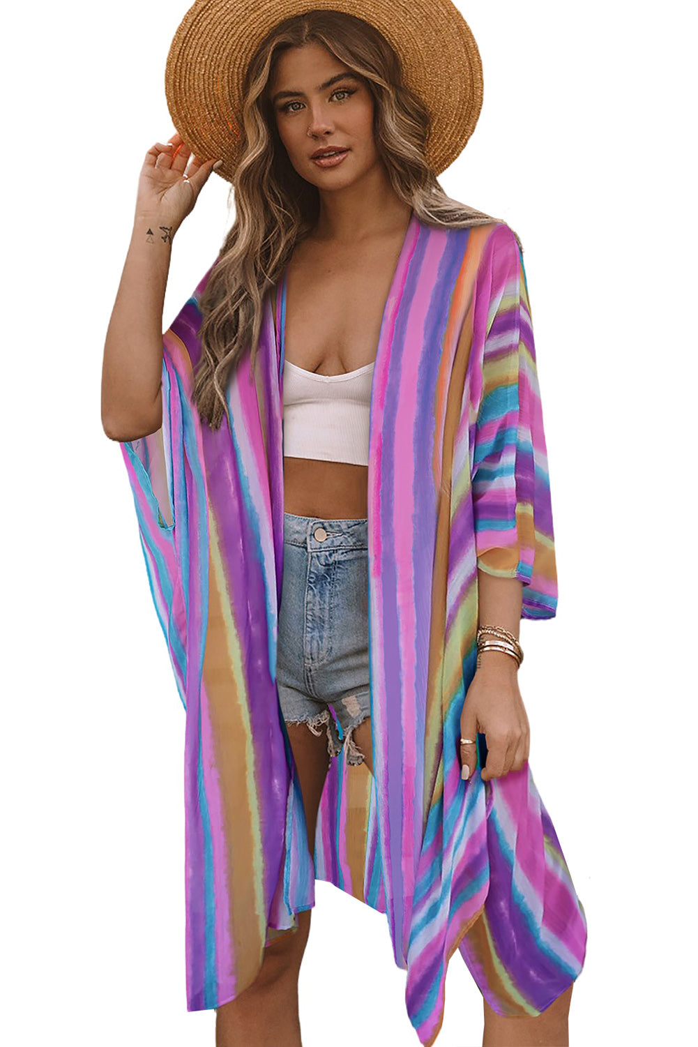 Multicolor Striped Print Oversized Kimono Kimonos JT's Designer Fashion