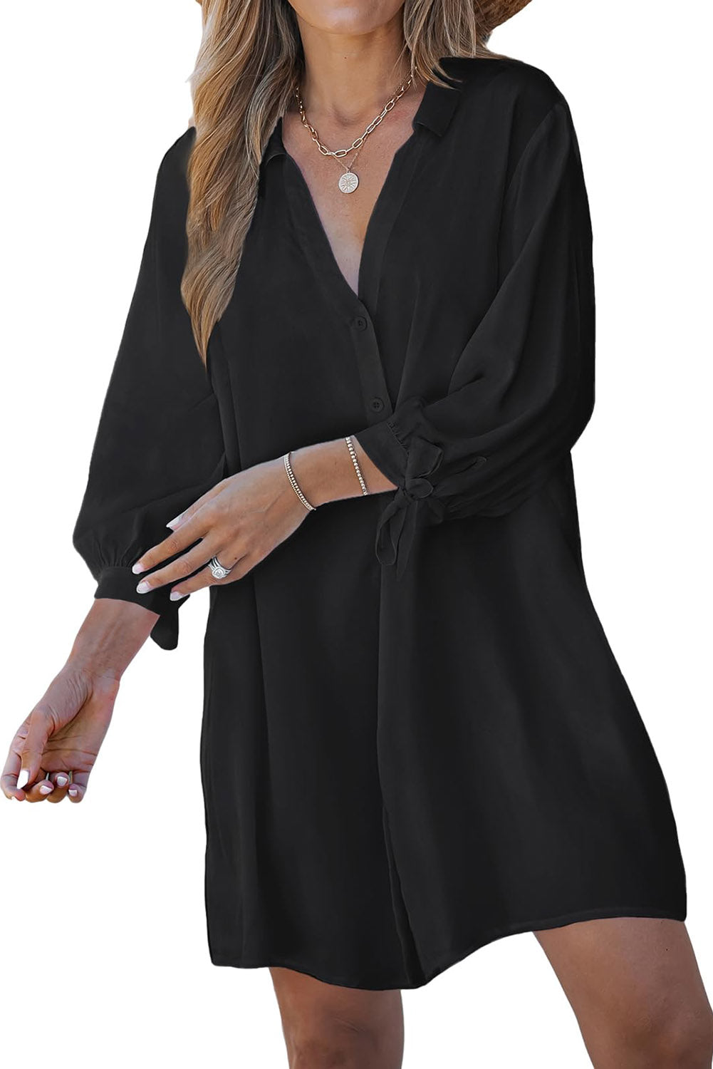 Black Plus Size Tie Cuffs V Neck Shirt Dress Plus Size JT's Designer Fashion