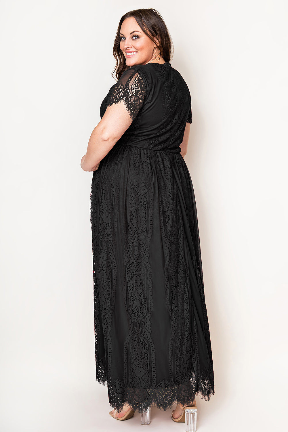 Black Eyelash Lace Short Sleeve Curvy Maxi Dress Plus Size Dresses JT's Designer Fashion