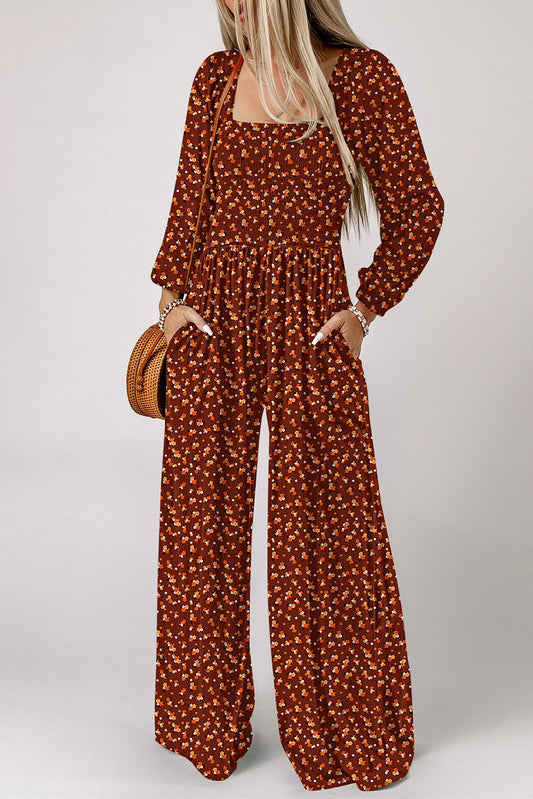 Brown Square Neck Smocked Wide Leg Boho Floral Jumpsuit Bottoms JT's Designer Fashion