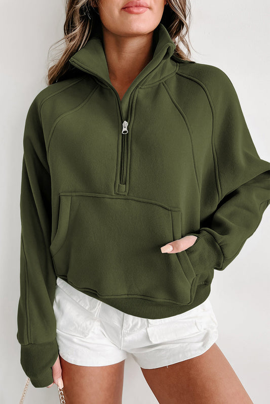 Green Zip Up Stand Collar Ribbed Thumbhole Sleeve Sweatshirt Tops & Tees JT's Designer Fashion