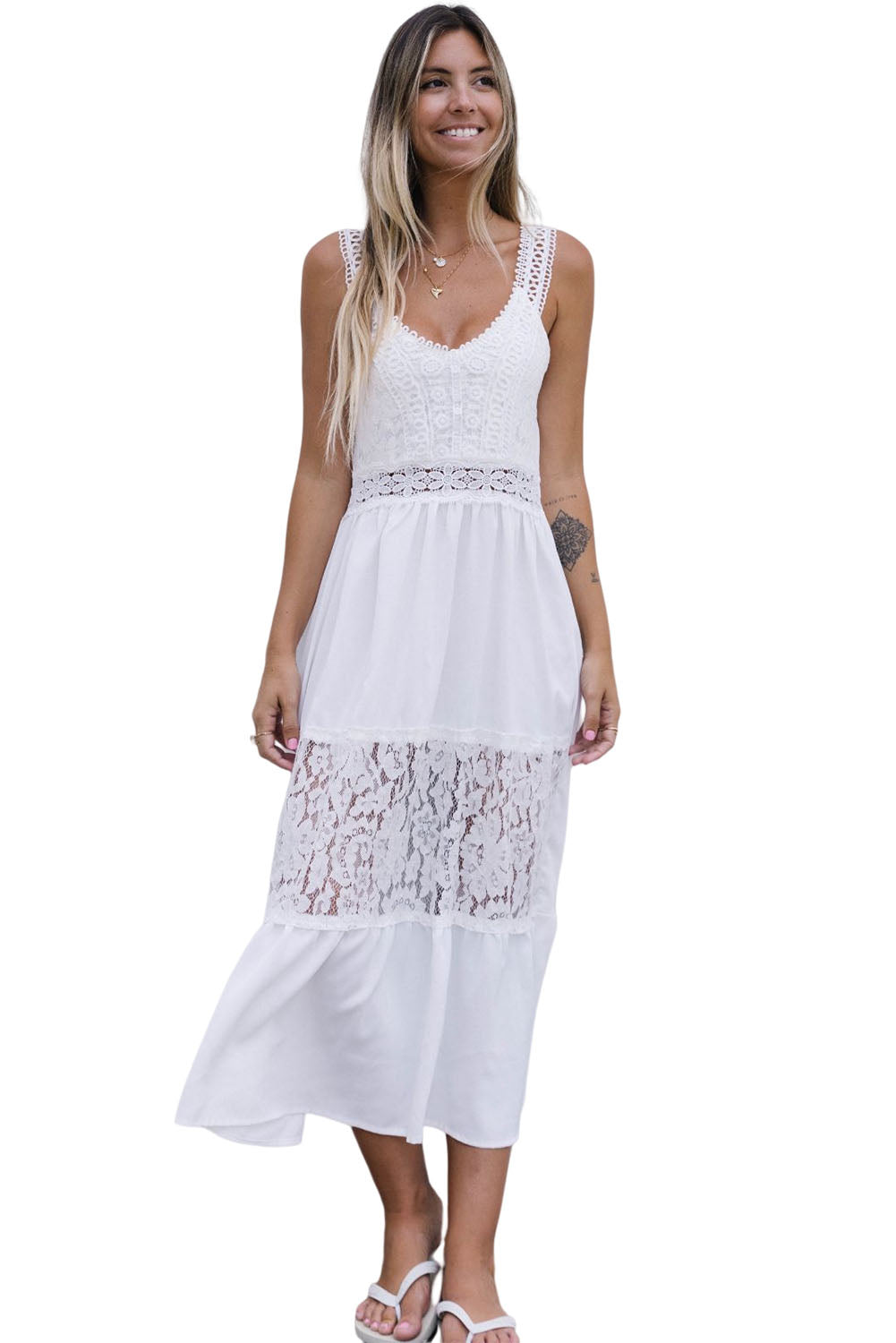 White Floral Lace Tiered Patchwork Sleeveless Dress Maxi Dresses JT's Designer Fashion