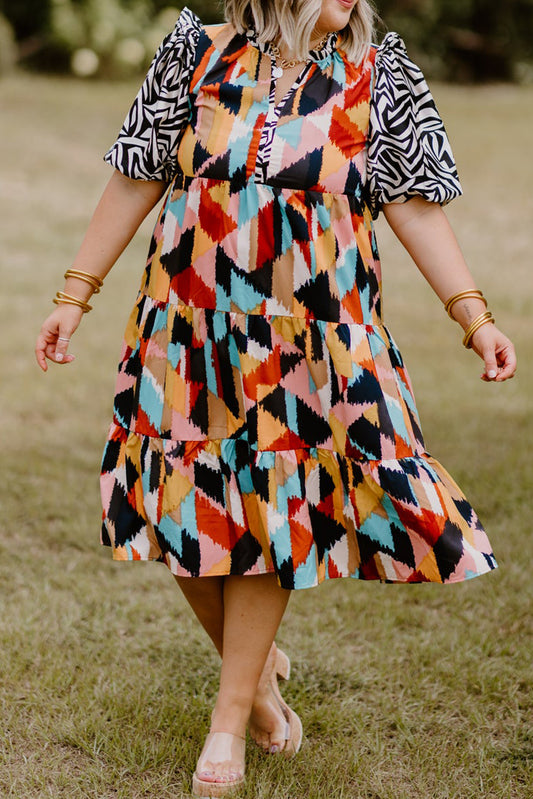 Pink Contrast Puff Sleeve Abstract Print Tiered Plus Size Dress Plus Size JT's Designer Fashion