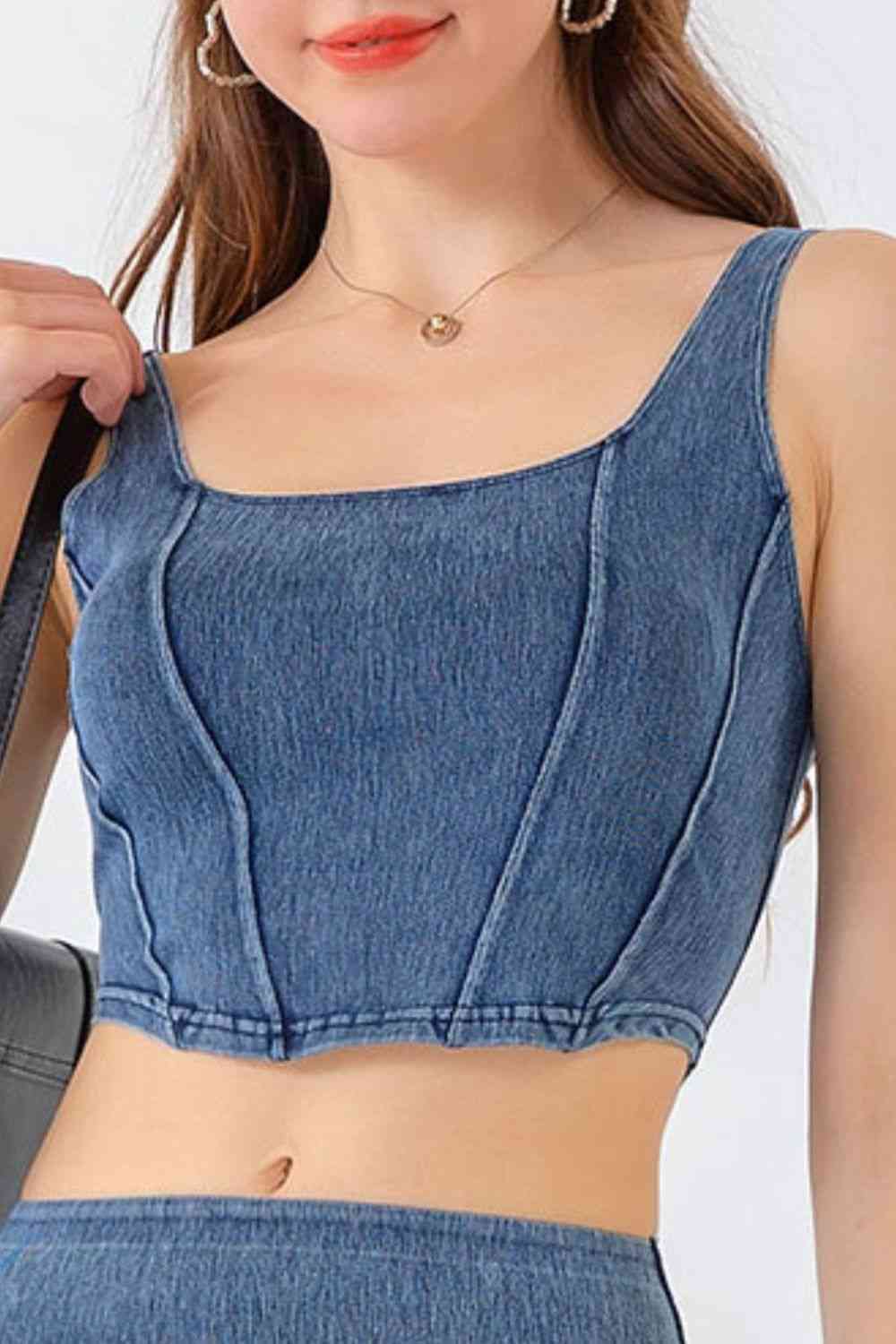 Seam Detail Cropped Denim Tank Crop Tops JT's Designer Fashion