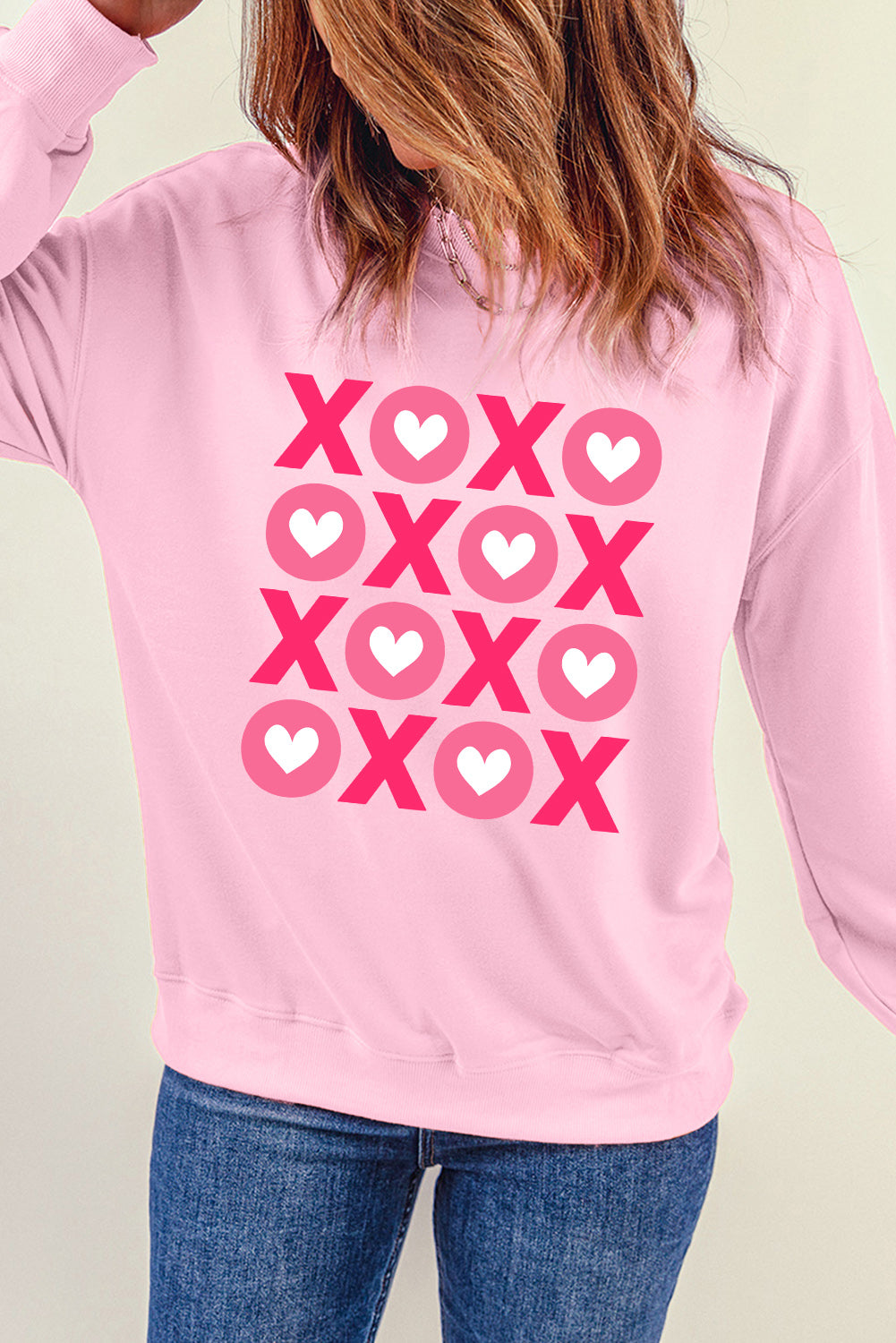 Pink XOXO Heart Print O Neck Drop Shoulder Sweatshirt Graphic Sweatshirts JT's Designer Fashion