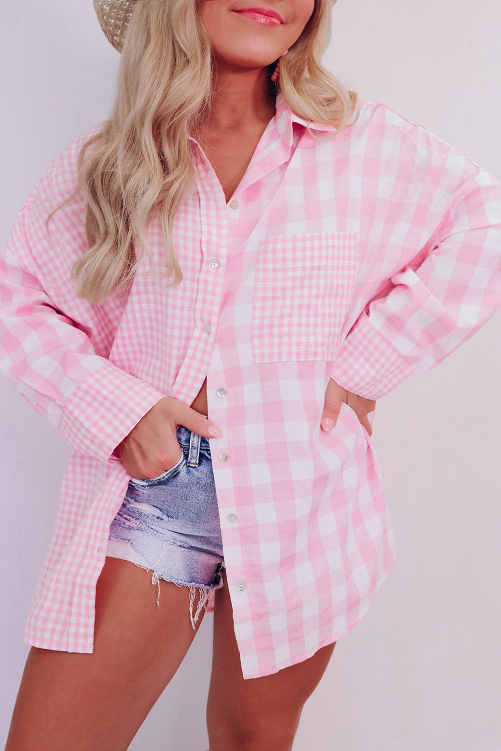 Pink Mix Checked Long Sleeve Button-Down Split Plus Size Shirt Plus Size JT's Designer Fashion