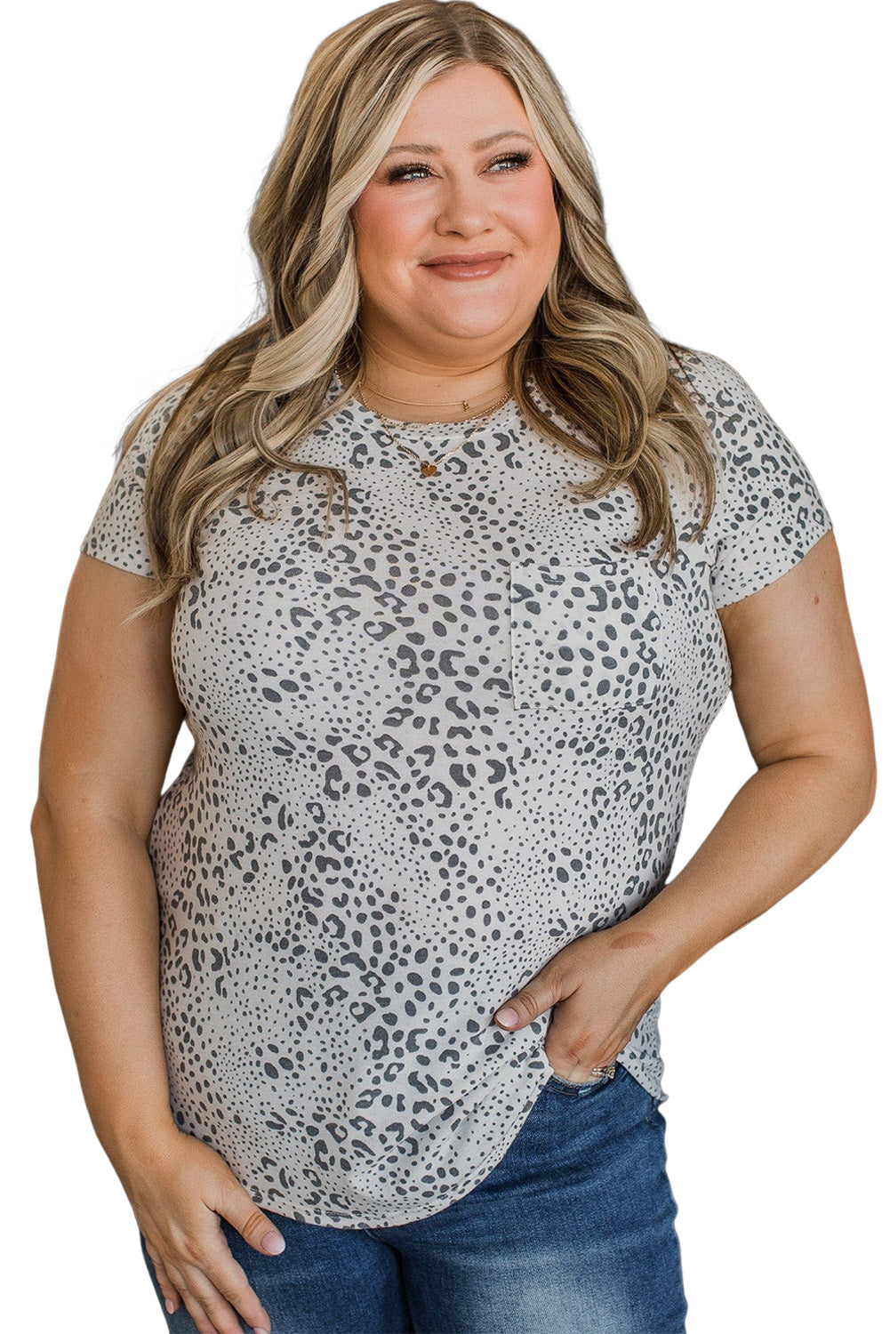 Gray Plus Size Spotted Animal Print Chest Pocket T-shirt Plus Size Tops JT's Designer Fashion