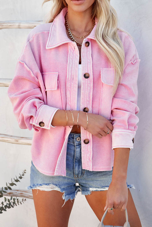 Pink Turn-Down Collar Pockets Denim Jacket Denim jackets JT's Designer Fashion