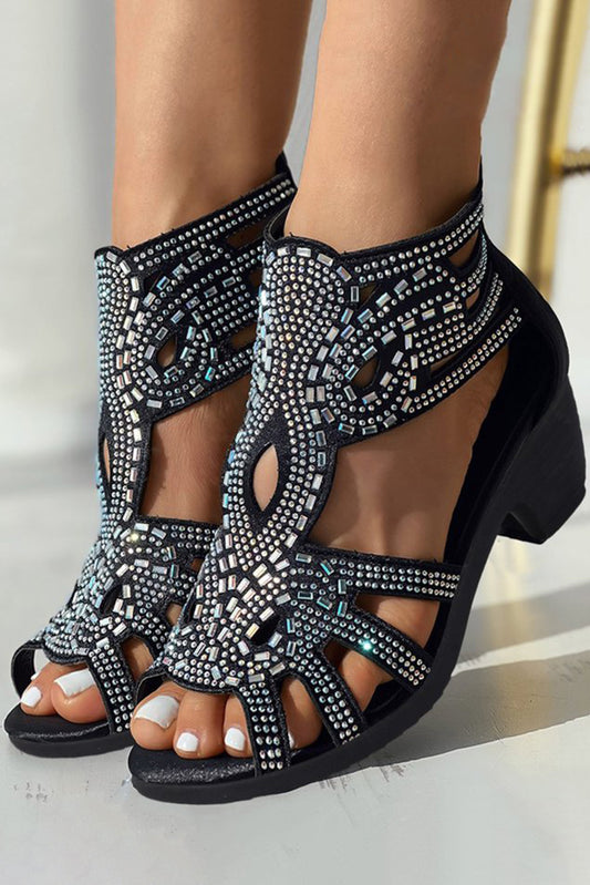 Black Rhinestone Hollowed Thick Heel Gladiator Sandals Sandals JT's Designer Fashion