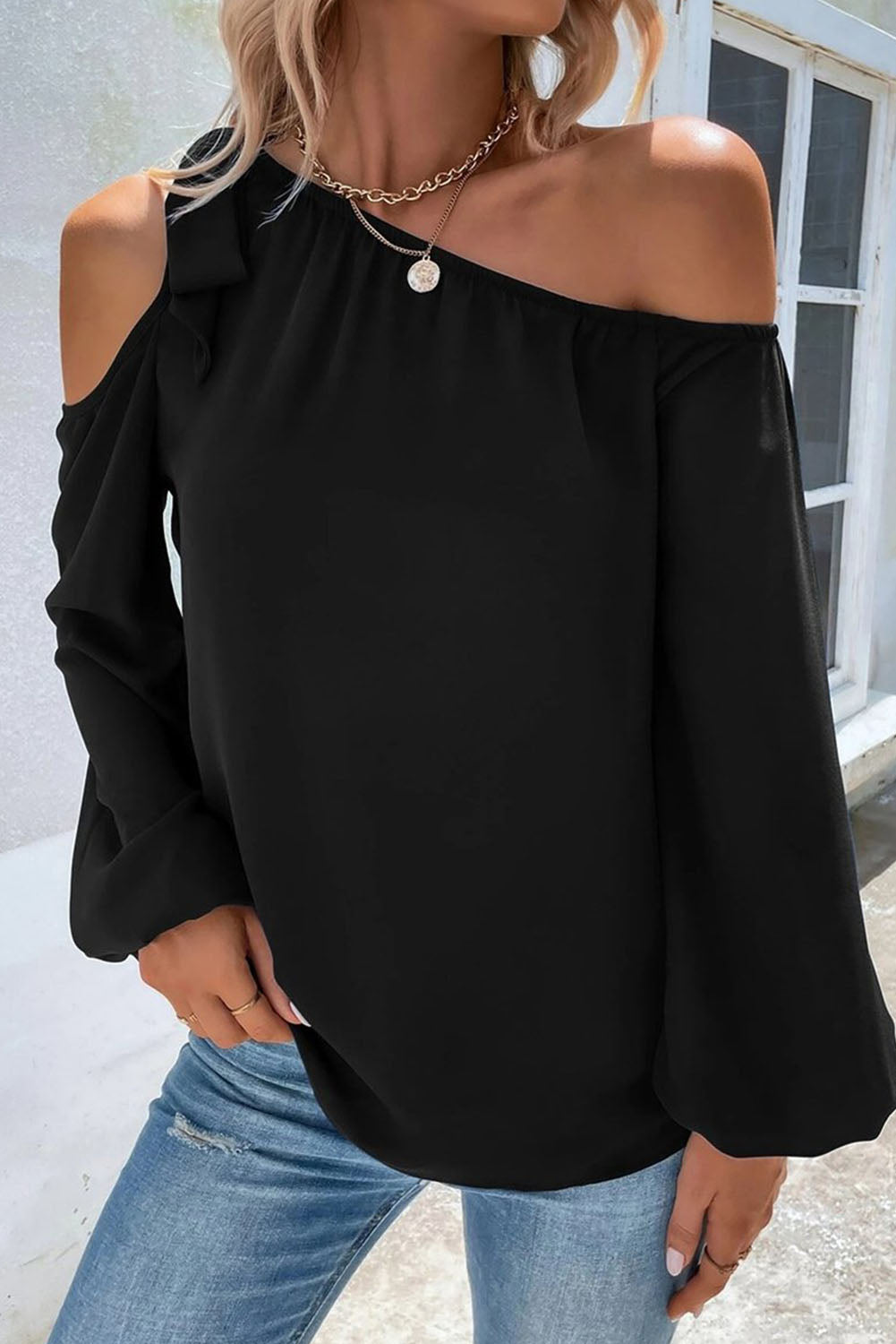 Black Knotted Asymmetric Off Shoulder Blouse Tops & Tees JT's Designer Fashion