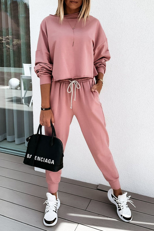 Pink Solid Long Sleeve Top & Drawstring High Waist Pants Set Bottoms JT's Designer Fashion