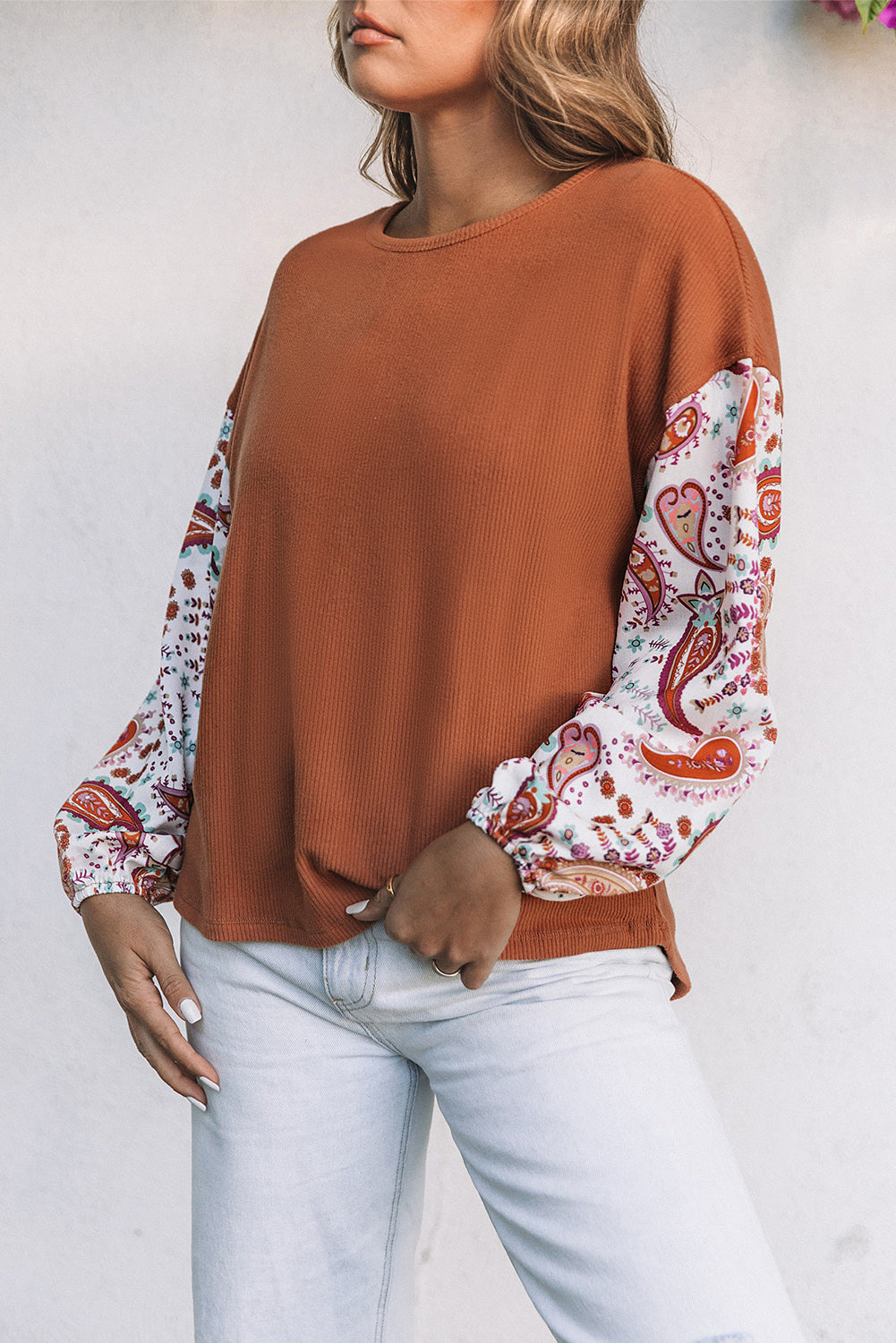 Orange Paisley Contrast Bubble Sleeve Ribbed Top Long Sleeve Tops JT's Designer Fashion